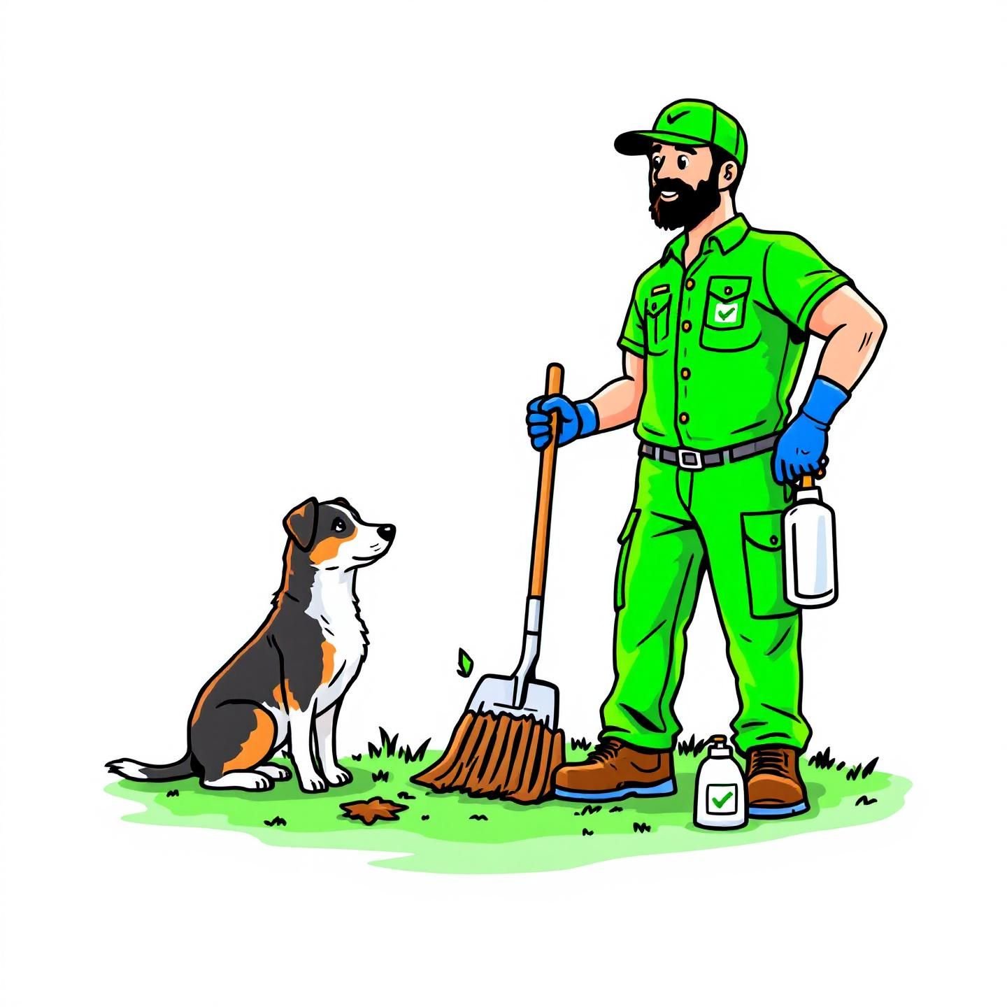 Cleaning services done right. Cartoon of proffessional cleaning and a dog